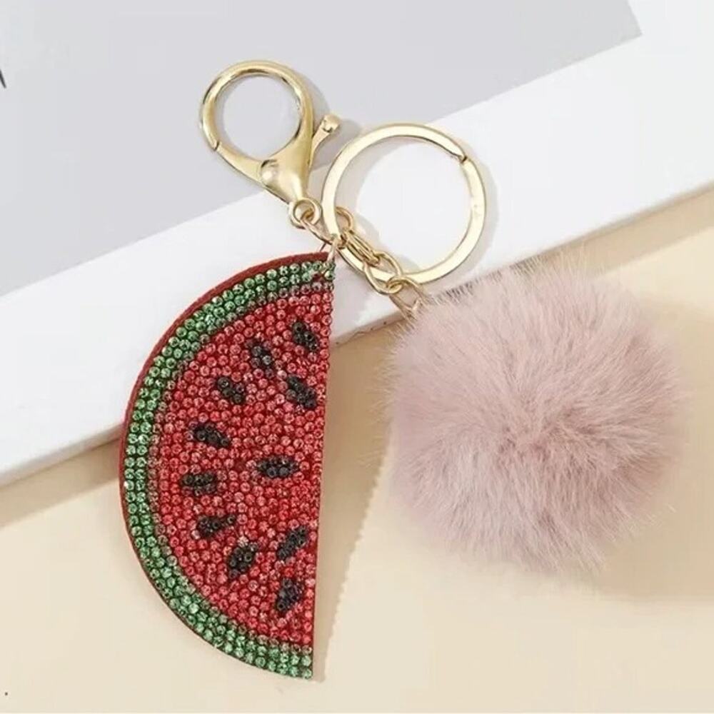 Rhinestone Watermelon Keyring with Pom Pom